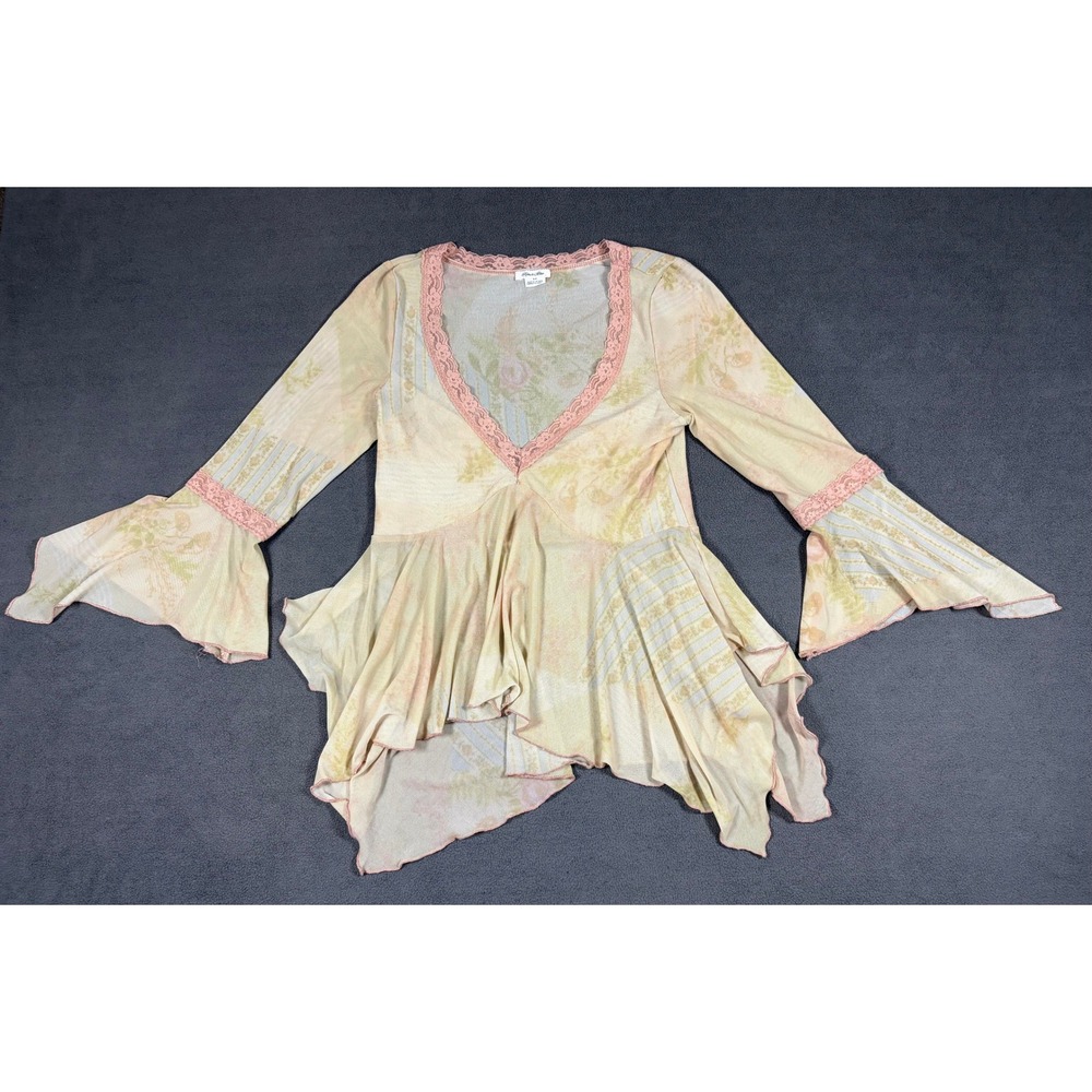 Kimchi Blue Peplum Top Womens Small Multicolor Floral Mesh Lace Trim Fairycore